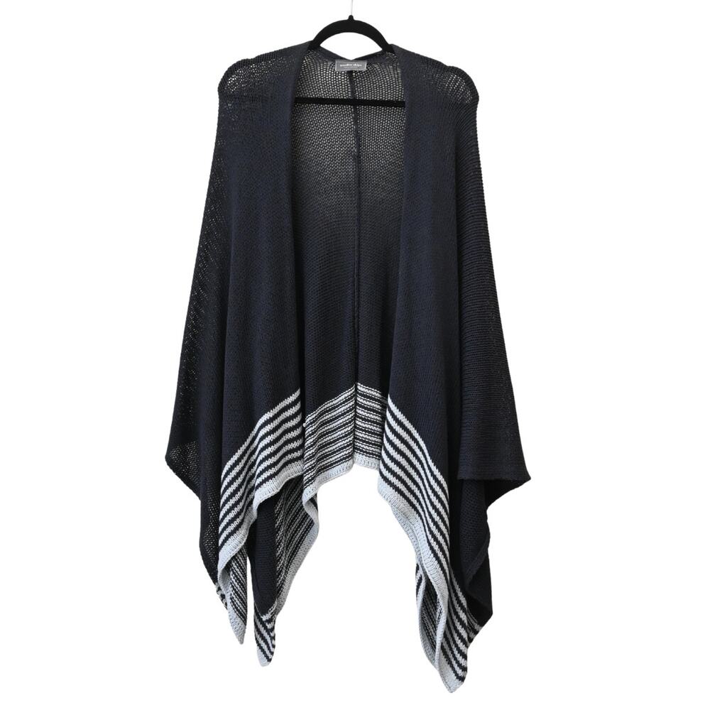Wooden Ships Navy Blue Cotton Blend Knit Striped Trim Shawl Size S/M